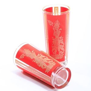 Vintage - 50's Hollywood Regency Red and Gold Thai Goddess Large Hi Ball Glasses